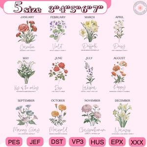 Puede incluir: Un diseño de calendario floral con ilustraciones de flores para cada mes, incluyendo claveles, violetas, narcisos y margaritas. Cada flor está etiquetada con su nombre y significados asociados. El diseño incluye el texto "5 size 3"4"5"6"7"" en la parte superior.