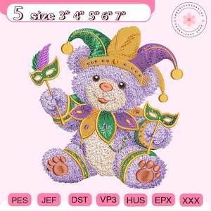 May include: An embroidered design of a purple teddy bear wearing a jester hat and holding a mask. The bear is adorned with green and gold accents. Text at the top reads "5 size 3" 4" 5" 6" 7"" and the bottom has file type abbreviations.