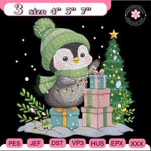 May include: An embroidered design featuring a penguin in a green hat and scarf, holding fairy lights, next to a Christmas tree and presents. The image includes the text "3 size 4" 5" 7"" and file format abbreviations.