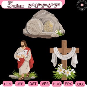 May include: An embroidered design featuring religious symbols. The design includes a tomb, a figure holding a lamb, and a cross with a draped cloth. The design also includes the text "5 size 3" 4" 5" 6" 7"" and various file type abbreviations.