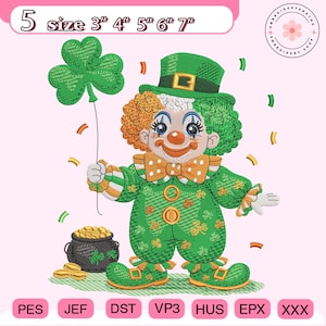May include: A digital embroidery design featuring a clown in a green outfit with shamrock accents, holding a shamrock balloon. The clown has orange hair, a green hat, and a pot of gold. The design is available in sizes 3", 4", 5", 6", and 7".