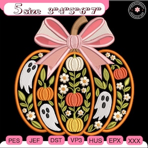 May include: An embroidered pumpkin design with a pink bow, pumpkins, ghosts, and flowers. The design includes the text "5 size 3" 4" 5" 6" 7"" and file type abbreviations. The design is suitable for fall and Halloween crafts.