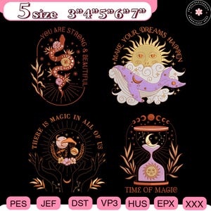 May include: A collection of four embroidered designs with celestial and mystical themes. The designs include a snake, a whale, a mushroom, and an hourglass, each with accompanying text. The designs are available in five sizes, ranging from 3 to 7 inches.