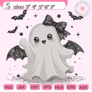 May include: An embroidery design featuring a white ghost with large black eyes, pink cheeks, and a black bow, accented by black bat wings and small stars. The text reads 5 size 3" 4" 5" 6" 7" and lists file formats PES, JEF, DST, VP3, HUS, EPX, XXX.