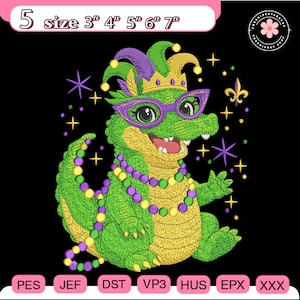 May include: A green alligator wearing purple glasses, a jester hat, and a beaded necklace. The alligator is embroidered with yellow and green thread. The image includes text that says "5 size 3", 4", 5", 6", 7"" and file type abbreviations.