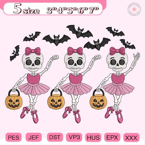 Halloween Ballet Dancing Skeleton Embroidery File, Halloween Ballerina Pumpkin Embroidery Design, Spooky Season Gift, Halloween Design