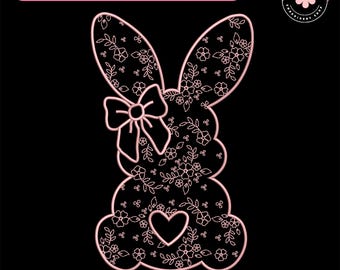 May include: A pink floral bunny design with a bow and heart, available in sizes 3", 4", 5", 6", and 7". The design is on a black background. The image also includes the text "5 size 3" 4" 5" 6" 7"" and embroidery file formats.