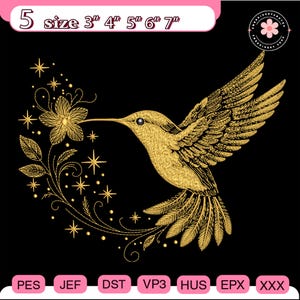 Peut inclure: Motif de colibri brodé en or avec une fleur et des étoiles sur fond noir. Le motif comprend le texte "5 size 3", 4", 5", 6", 7"" et des abréviations de type de fichier. Idéal pour les projets de broderie.