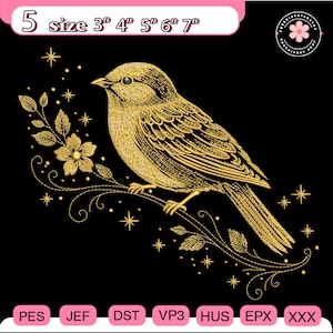May include: A golden embroidered bird design on a black background. The bird is perched on a branch with leaves and a flower. The design includes stars and the text "5 size 3" 4" 5" 6" 7"" in a pink banner. The image also includes embroidery file formats.
