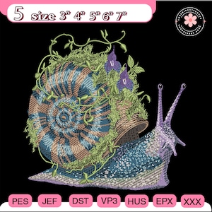 May include: An embroidered snail design with a shell featuring blue and brown patterns, adorned with green foliage and purple flowers. The image includes text indicating sizes from 3" to 7".