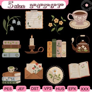 May include: A collection of digital embroidery designs featuring various illustrations. The designs include a teacup, books, flowers, a teapot, a candle, and an envelope with flowers. The designs are available in multiple sizes, ranging from 3 to 7 inches.