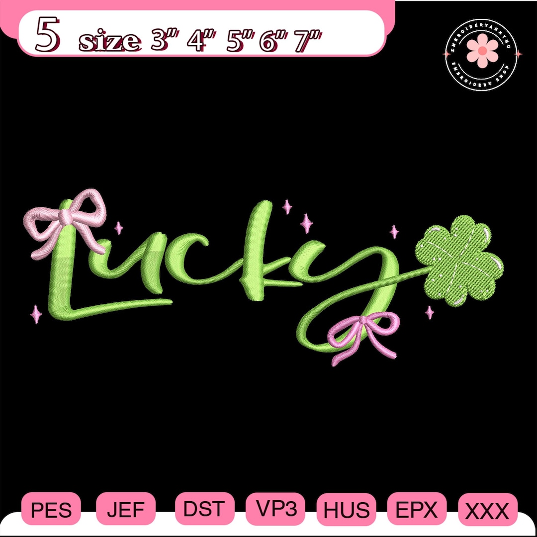 Lucky Cursive Script Embroidery Design, Pink Bow St. Patrick's Day ...