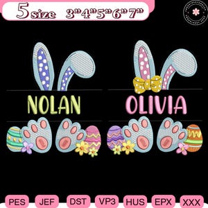 Könnte beinhalten: Oster-Stickmuster mit Hasenohren, Namen und Pfotenabdrücken mit Ostereiern und Blumen. Das Design enthält die Namen "Nolan" und "Olivia" in Größen von 7.6 bis 17.8 cm.