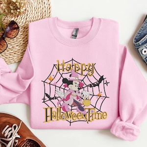 Koszula z haftem na Halloween z kreskówkową czarownicą, słodka bluza z myszką, projekt na jesień, upiorny sezon, okrągły dekolt, prezent dla niej