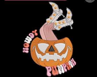 Archivo de bordado "Hola Calabaza", diseño de bordado de botas vaqueras, diseño de vaquero occidental para Halloween, idea de calabaza aterradora, idea para una temporada espeluznante