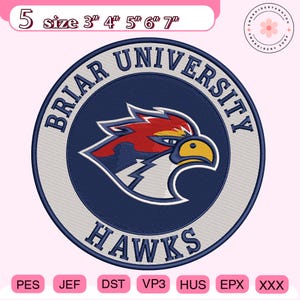 Puede incluir: Parche bordado con el texto "BRIAR UNIVERSITY HAWKS" en azul marino y un emblema de halcón en rojo, amarillo y blanco. Disponible en tamaños de 7,6 cm a 17,8 cm de diámetro.
