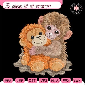 Puede incluir: Diseño bordado con dos monos de dibujos animados abrazándose. Los monos son en tonos marrones y naranjas, con rasgos faciales detallados y texturas de pelaje. El diseño incluye opciones de tamaño de 7.6 cm a 17.8 cm y varios formatos de archivo.