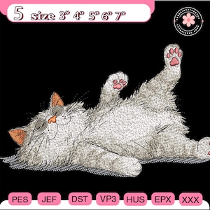 May include: An embroidered design of a relaxed cat wearing sunglasses, with its paws up. The cat is light gray with orange ears and pink paw pads. The image includes text indicating sizes from 3" to 7".