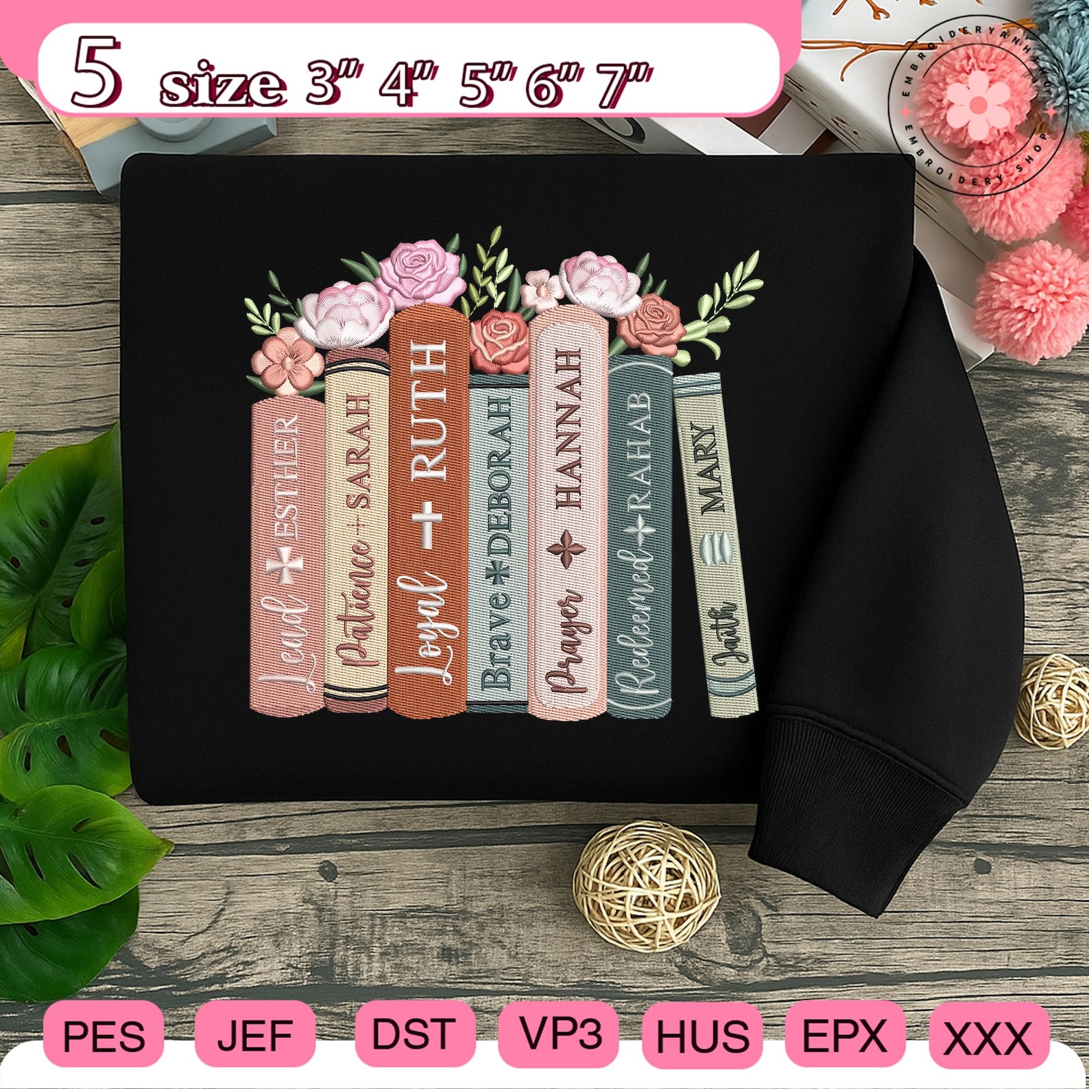 Bible Women Bookshelf Embroidery Design, Floral Scripture Names Pattern ...