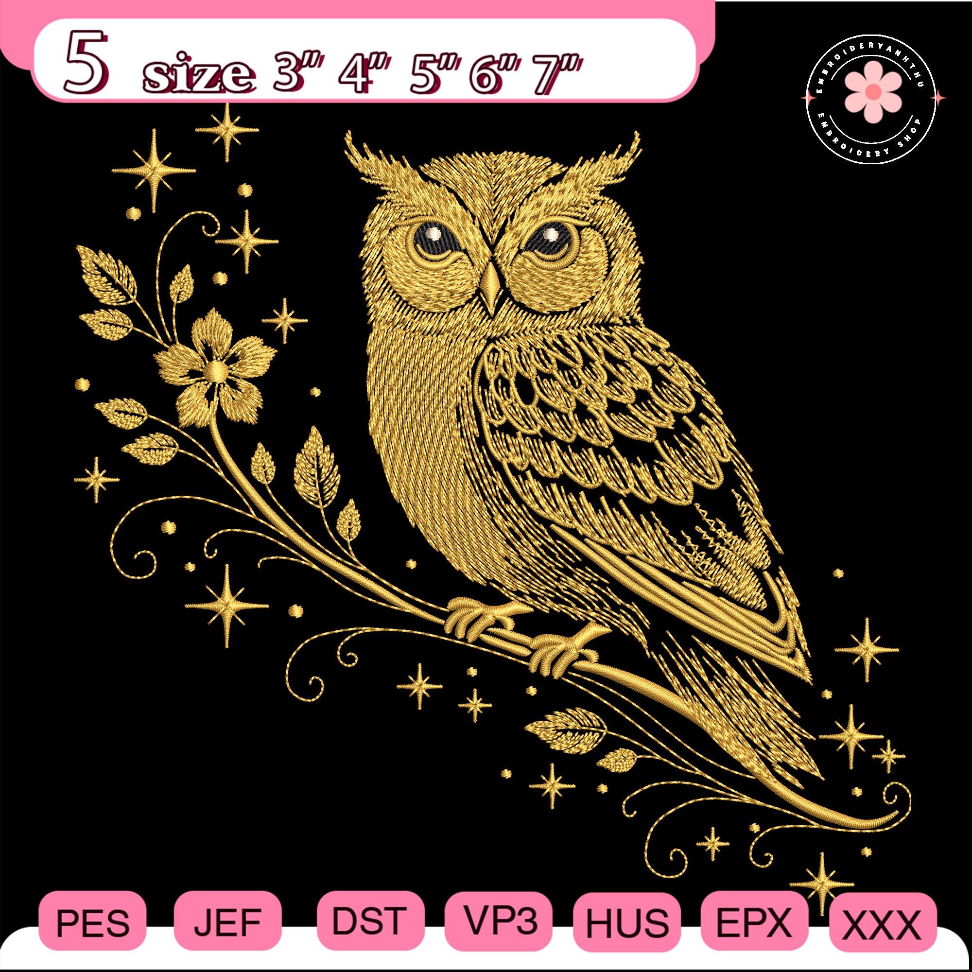 Golden Owl Embroidery File, Magic Owl Embroidery Design, Starry Constellations & Natural Motifs 