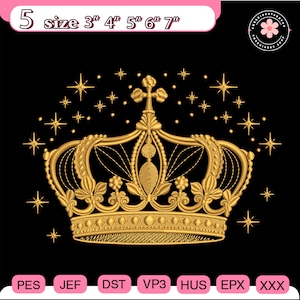 May include: Gold embroidered crown design with star accents on a black background. The design includes the text "5 size 3", 4", 5", 6", 7"" in a pink and white banner. Embroidery file formats are listed below the crown.