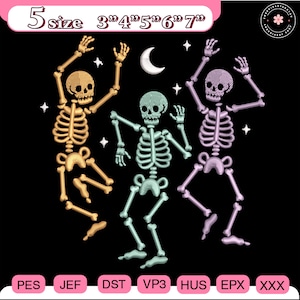 May include: Three embroidered skeletons in gold, teal, and lavender dance against a black background, with a crescent moon and stars. The design includes the text "5 size 3" 4" 5" 6" 7"" and file type abbreviations.