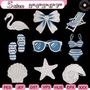 May include: A collection of beach-themed designs, including a flamingo, bow, beach chair, flip-flops, sunglasses, bikini, seashell, starfish, and a spiral shell. The designs are in shades of white and blue. The image also includes text indicating sizes.