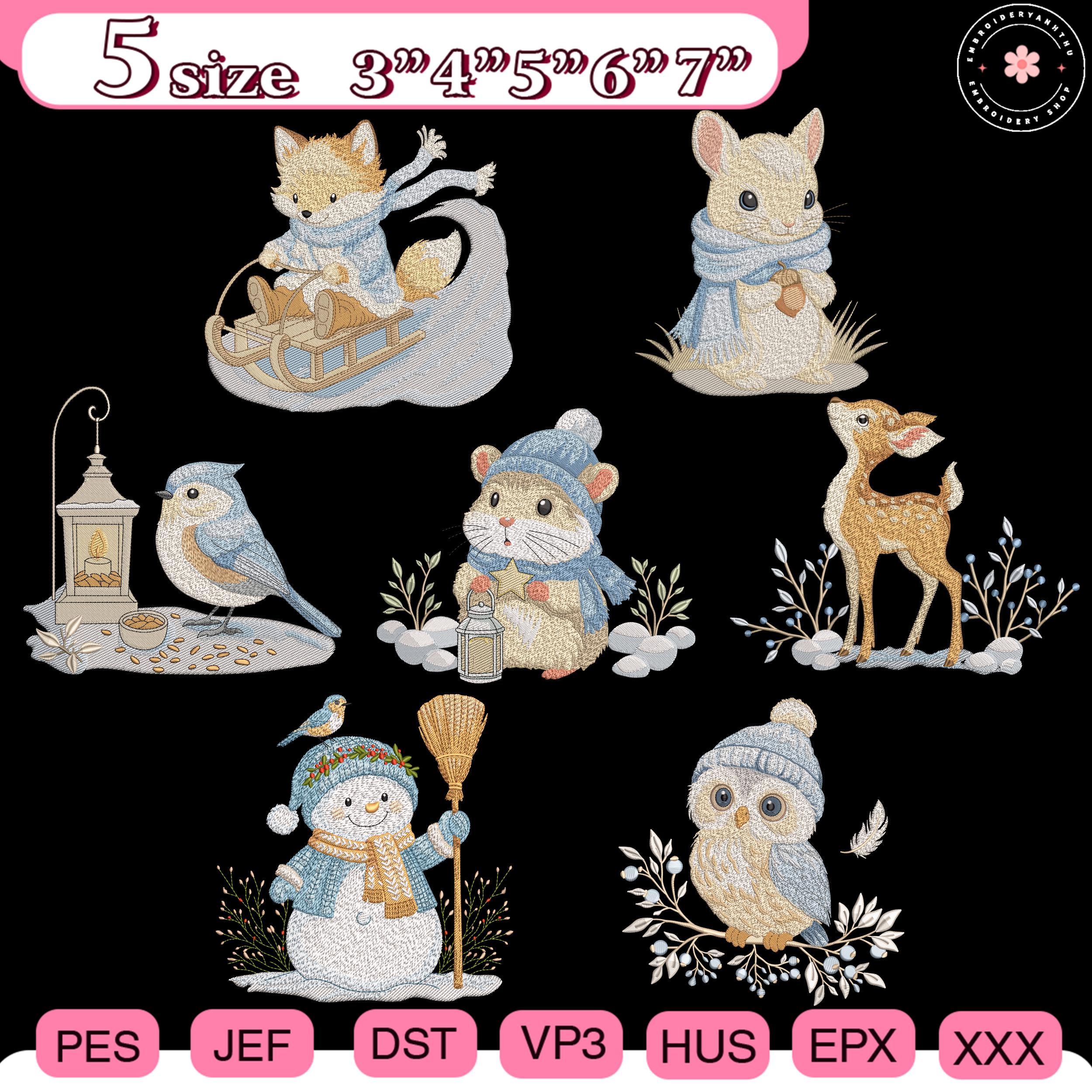 Christmas Snowman Bird Reindeer Owl Mouse Fox Embroidery Bundle, Merry Christmas Shirt Idea, Winter