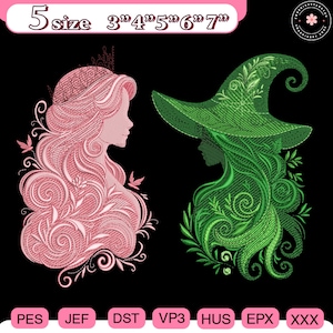 Puede incluir: Dos diseños bordados sobre fondo negro. Uno es una silueta de princesa rosa con una corona, el otro es una silueta de bruja verde con un sombrero. La imagen incluye opciones de tamaño de 7,6 cm a 17,8 cm y opciones de tipo de archivo.
