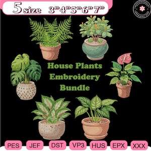 Puede incluir: Un paquete de bordado con varias plantas de interior en macetas. La imagen incluye el texto "5 size 3" 4" 5" 6" 7"" y "House Plants Embroidery Bundle". Las plantas están en macetas marrones, verdes y rosas.