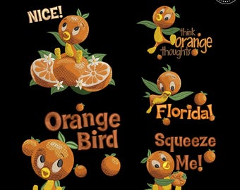 Może przedstawiać: Haftowane wzory z postacią Orange Bird w różnych pozach, z tekstami takimi jak "NICE!", "think orange thoughts", "Orange Bird" i "Squeeze Me!". Wzory zawierają pomarańcze i kwiaty, o rozmiarach od 7.6 cm do 17.8 cm.