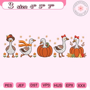 Op de afbeelding: Een borduurontwerp met vijf ganzen in herfstachtige omgevingen. De ganzen zijn versierd met hoeden, sjaals en strikken en staan tegen pompoenen en herfstbladeren. De maten zijn 10.16cm, 12.7cm, en 17.78cm met de tekst "3 size".