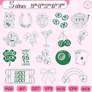 Puede incluir: Una colección de ilustraciones en línea verde y blanco sobre un fondo rosa. Las imágenes incluyen un gato de la suerte, una herradura, un corazón con una herradura, fichas de casino, una máquina tragamonedas, tréboles, un martini, cerezas, dados, una bola 8, naipes, un boleto, un lazo y un arcoíris.