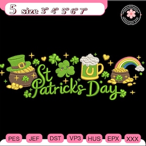 Puede incluir: Un diseño del Día de San Patricio con un sombrero de duende, una olla de oro, tréboles, una jarra de cerveza y un arcoíris. El texto "St. Patrick's Day" está en verde. El diseño está disponible en 5 tamaños, de 7.6 cm a 17.8 cm.