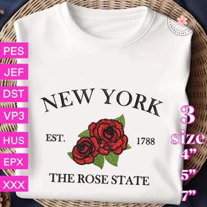 New York The Rose State Wzory Haftu, Wzór Haftu Na Koszulkę Z Kwiatami Stanowymi, Wzór Haftu Kwiatowego, 5 Rozmiarów