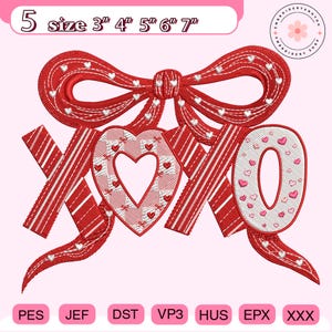 May include: Red and white embroidered XOXO design with a bow and heart accents. The design includes the text "5 size 3", 4", 5", 6", 7"" and is suitable for embroidery projects. The design is on a pink background.