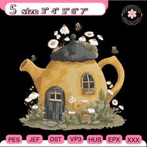 May include: An embroidery design featuring a teapot-shaped house with a grey lid, yellow body, and a small door and window. White daisies and bees decorate the house. The design is available in sizes from 7.6 cm to 17.8 cm.
