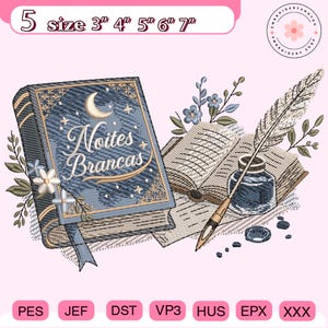 May include: An embroidery design featuring a closed blue book with the text 'Noites Brancas', a crescent moon, and gold accents. Beside it is an open book, a glass inkwell, and a quill pen, all surrounded by small blue and white floral sprigs.