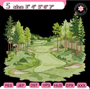 Könnte beinhalten: Ein gesticktes Design eines Golfplatzes mit Bäumen und Sandfallen. Das Design enthält oben den Text "5 size 3", 4", 5", 6", 7"". Der untere Teil des Designs enthält die Dateitypen PES, JEF, DST, VP3, HUS, EPX und XXX.