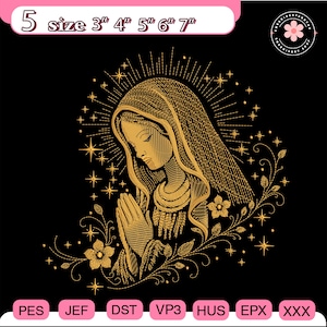 Könnte beinhalten: Goldenes Stickdesign einer betenden Frau mit Heiligenschein, Sternen und floralen Akzenten auf schwarzem Hintergrund. Das Design ist in 5 Größen von 7.6 cm bis 17.8 cm erhältlich. Enthält die Dateiformate PES, JEF, DST, VP3, HUS, EPX und XXX.