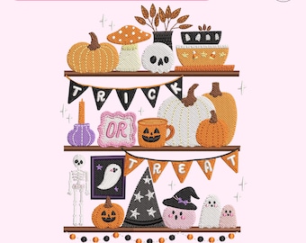 Halloween Ghost Pumpkin Witch Shelf Embroidery File, Halloween Skeleton Mushroom Embroidery Design, Trick Or Treat Gift, Spooky Season Gift