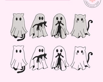 Diseño de bordado de gato fantasma para Halloween, archivo de bordado de gato lindo, archivo de regalo de temporada espeluznante, idea de camiseta de truco o trato, archivo de abucheos de Halloween