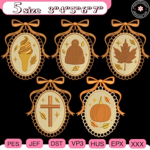 May include: Five embroidered designs in oval frames with bows. The designs include an ice cream cone, a knit cap, a maple leaf, a cross, and a pumpkin. The text at the top says "5 size 3"4"5"6"7".
