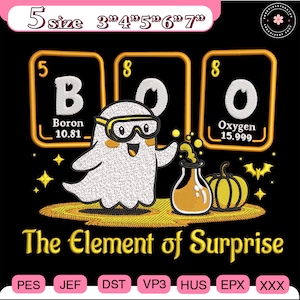 Könnte beinhalten: Ein Halloween-Design mit einem Cartoon-Geist mit Brille, der "BOO" mit Elementen des Periodensystems schreibt. Der Text "The Element of Surprise" steht darunter, mit einem Kürbis und einem Kolben. Auf schwarzem Hintergrund.