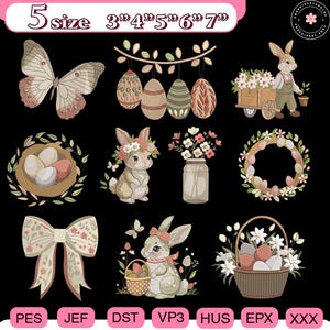 May include: A collection of Easter-themed embroidery designs featuring butterflies, eggs, bunnies, floral wreaths, and baskets. The designs include various sizes, with the largest being 7 inches. The color palette includes pink, beige, and green on a black background.