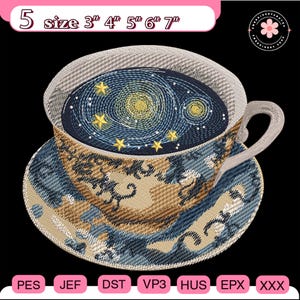 May include: Embroidered teacup and saucer set featuring a starry night design. The teacup has a blue and gold interior with yellow stars. The saucer and cup exterior have a blue and tan pattern. The design is available in 5 sizes, ranging from 3" to 7".