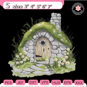 May include: An embroidered design of a whimsical cottage with a stone exterior, a moss-covered roof, and a wooden door. The cottage is surrounded by daisies and grass. The design is available in sizes 3", 4", 5", 6", and 7".
