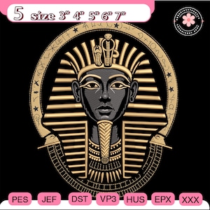 May include: An embroidered design featuring the bust of an Egyptian pharaoh, rendered in gold and black. The pharaoh wears a traditional headdress and collar. The design is available in sizes 3", 4", 5", 6", and 7".