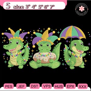 May include: Three embroidered green alligators with Mardi Gras attire on a black background. One alligator holds an umbrella, another a donut, and the third is standing. The text at the top says "5 size 3" 4" 5" 6" 7""