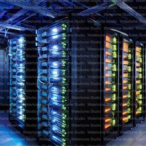 May include: A row of black server racks in a data center, featuring glass doors and internal components illuminated by bright blue and green LED indicator lights. The server room has overhead cable trays and a tiled floor, creating a technical environment.